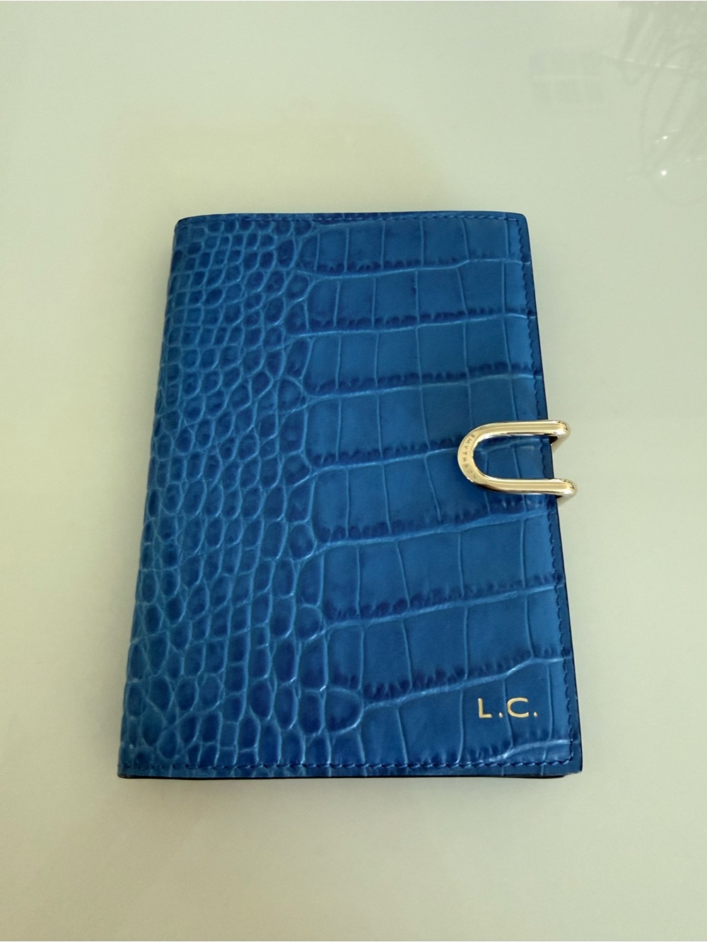 Smythson Mara Blue Croc-Embossed Passport Holder in Cerulean - stamped initials